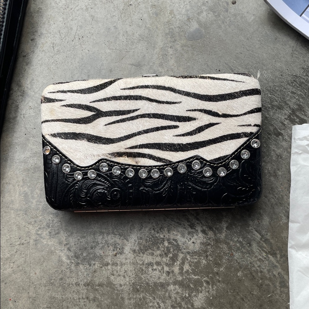 Country Road Black and White Zebra-Print Clutch with Crystal Trim